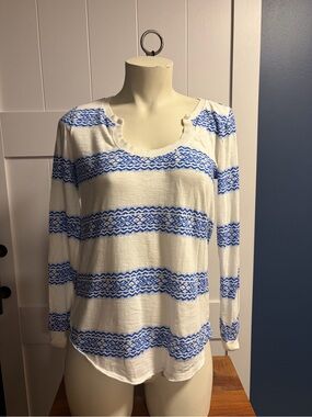 Anthropologie Little Yellow Button Boho Blue/White Striped Knit Top